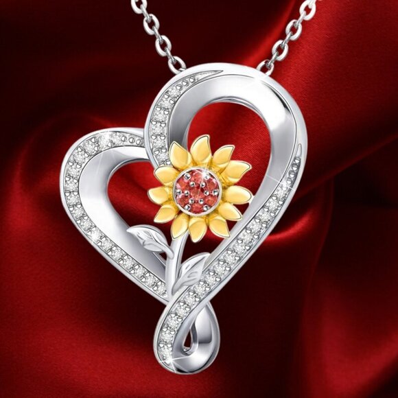 Ivy Sparkle & Stone Jewelry - NEW Silver Stylized Heart with Sunflower Gold Petals and Amber Crystals Necklace